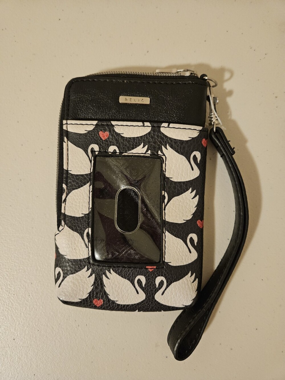 Relic by Fossil Wristlet Wallet Black White Swan Hearts Print ID Window Zip